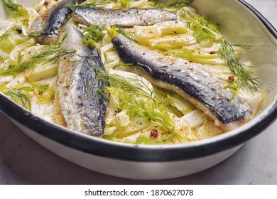 Sardine Fish Salad With Fennel In Plate. Top View.