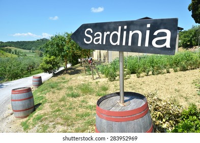 SARDINIA Arrow And Wine Barrels Along Rural Road