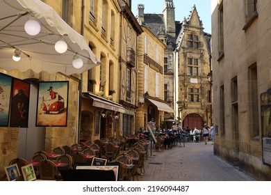 Sarlat La Caneda, France - 07 18 2022 : Typical Street, Sarlat La Caneda Town, Dordogne Department, France