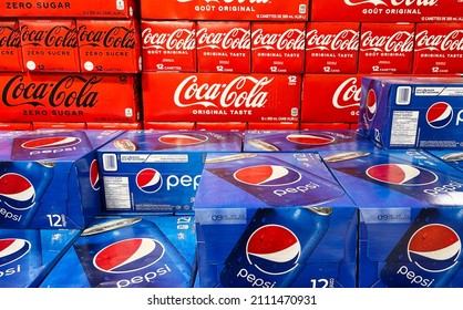 Sarnia, ON, Canada - January 15, 2022: Coke Or Pepsi? Supermarket Display Of Both Coke And Pepsi. 