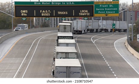 Sarnia, Ontario, January 2022 Thousands Of Trucks Stuck At Canada USA Border Due COVID Omicron Vaccine Mandate