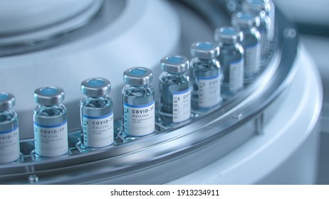 SARS-COV-2 COVID-19 Coronavirus Vaccine Mass Production in Laboratory, Bottles with Branded Labels Move on Pharmaceutical Conveyor Belt in Research Lab. Medicine Against SARS-CoV-2.