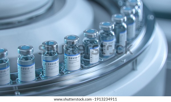 SARS-COV-2\
COVID-19 Coronavirus Vaccine Mass Production in Laboratory, Bottles\
with Branded Labels Move on Pharmaceutical Conveyor Belt in\
Research Lab. Medicine Against\
SARS-CoV-2.