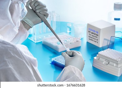 SARS-COV-2 pcr diagnostics kit. Epidemiologist in protective suit, mask and glasses performs pcr tests to detect specific region of SARS-nCoV-2 virus, cause of Covid-19 viral pneumonia. - Shutterstock ID 1676631628