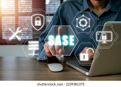 SASE, Secure Access Service Edge concept, Person hand touching Secure Access Service Edge icon on virtual screen background, password, network, framework and support.
