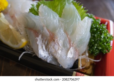 Sashimi of Flathead fish. A flathead is one of a number of small to medium fish species with notably flat heads.