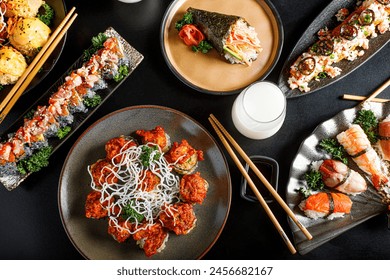 Sashimi sushi set on a black wooden board for sushi on black background. Close up of sashimi sushi with prawns. Traditional japanese food. Sushi menu. Delicious dinner in the restoran. Selective focus - Powered by Shutterstock