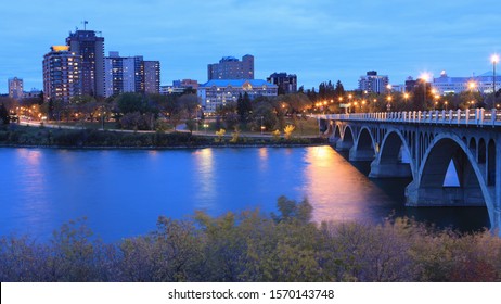 The Saskatoon, Canada Cityscape At Night