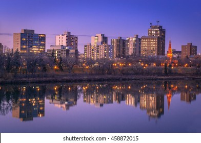 Saskatoon Downtown Skyline At Night.