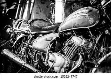 Saskatoon, SK/ Canada - October 13, 2019: Old Motorcycle On The Farm 