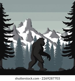 a sasquatch walking in the forest within a mountain panorama