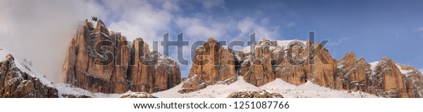 Sass Pordoi mountains\
group in the Italian dolomites, as seen from Pass Pordoi. Canazei,\
Trento. Italy.