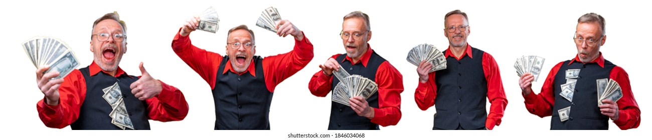 Sat Of Portrait Of Happy And White Teeth Smile Senior Old Business Man Holding Money In Hands, Dressed In Red Shirt, Isolated On Yellow Background. Human Emotions And Facial Expressions