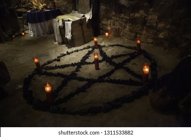 Satanic Pentacle With Lighted Candles, Dark Magic Ritual Detail, Occultism