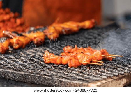 Satays barbeque grilling on the net. It also known as sate, it is a Southeast Asian form of kebab made from seasoned, skewered and barbecued meat, served with a sauce. 