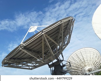 Satelite Dishes In The Blue Sky.