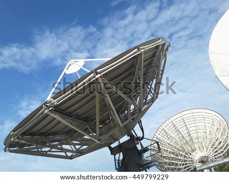 Satelite dishes in the blue sky.