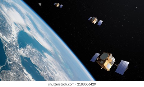 Satellite constellation orbiting Earth, satellite communication concept - Shutterstock ID 2188506429