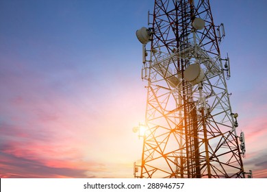 Satellite dish telecom network at sunset communication technology network - Shutterstock ID 288946757