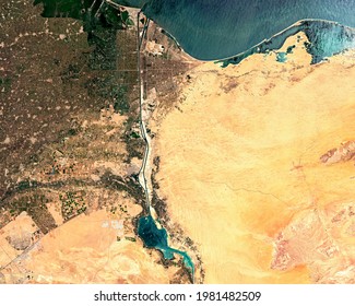 Satellite Image Of Northern Part Of Suez Canal In Egypt. Contains Modified Copernicus Sentinel Data 2021