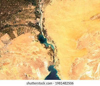 Satellite Image Of Southern Part Of Suez Canal In Egypt. Contains Modified Copernicus Sentinel Data 2021