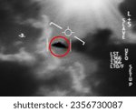 Satellite image, UFO spaceship and view at night with FBI investigation and alien evidence. Surveillance, photo and area 51 recording of flying saucer and galaxy survey for mystery object in sky
