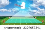 Satellite imagery of piece of land. Geodetic spacecraft. Satellite above green lawn. Cartographic technologies. Geodetic satellite in sky. Land measurement from space. Topographic technologies