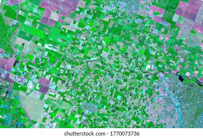 Satellite images in false-color compositions showing crops between the ash and wood boundaries California USA. - Powered by Shutterstock