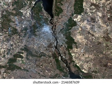 A Satellite Map Of Kiev, Ukraine And Surroundings On 23 March 2022 Shows Smoke Rising From Several Fires