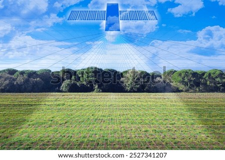 SATELLITE MAPPING CONCEPT  with imaginary map of territory, land parcels and geodetic satellite taking an aerial photogrammetry - Land measurement and remote relief from space 