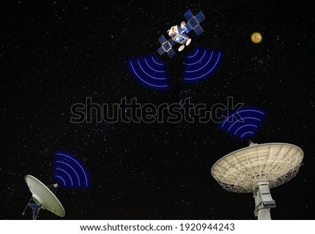 The satellite model in space communicating with satellite station on earth ground on galaxy background with many shining star (concept idea communication technology)