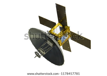 Satellite with solar panels, isolated on white background.