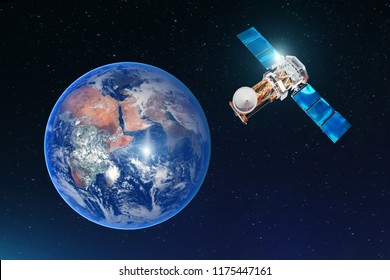 Satellite Telecommunication Connection, Transmits Radio Communication On The Geostationary Orbit Of The Earth. Against The Background Of The Planet. Elements Of This Image Furnished By NASA