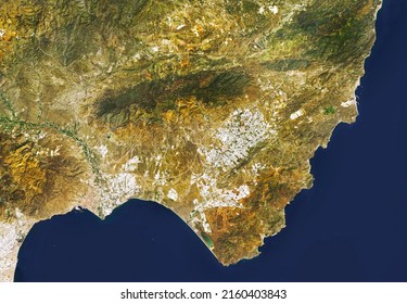 Satellite view of the Natural park Gat-Nijar, Roquetas de Mar, Aguadulce,Tabernas desert and Almeria, cities in the south of Spain . Elements of this image furnished by NASA. - Shutterstock ID 2160403843