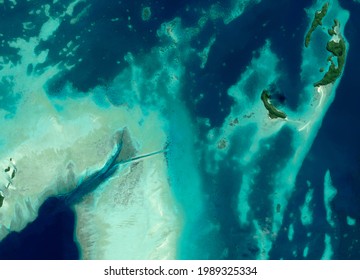 Satellite View Of Palau, Micronesia, South Island, Uninhabited Atoll. Crystalline, Transparent And Limpid Seabed. Tropical Islands. Element Of This Image Is Furnished By Nasa
