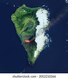 Satellite view of the volcano erupting in Ia Palma, Canary Island.Elements of this image furnished by NASA. - Shutterstock ID 2052210266
