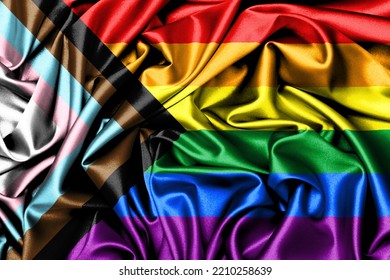 Satin Flag With A Print Of The New Progress LGBTQ Rainbow Flag