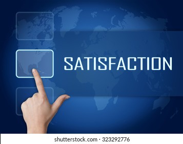 Satisfaction concept with interface and world map on blue background