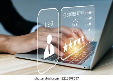 Satisfaction. people using laptop computer give five star button to review good rating, feedback. digital marketing business, good experience, customer product rating review, customer feedback concept