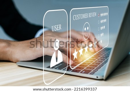 Satisfaction. people using laptop computer give five star button to review good rating, feedback. digital marketing business, good experience, customer product rating review, customer feedback concept