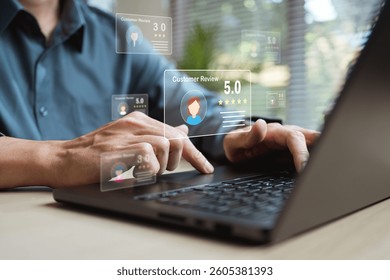 Satisfaction review feedback service quality. Customer service survey assessment. Evaluation rating. A person is using a laptop to view a collection of reviews for a product or service.