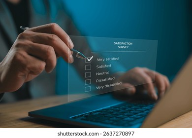 Satisfaction survey and customer feedback interface. A digital survey form being filled with a check mark on 