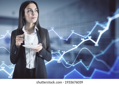 Satisfied businesswoman with coffee cup on abstract digital background with glowing statistic data graphs and numbers. Double exposure - Powered by Shutterstock