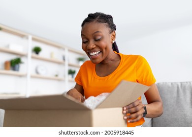 Satisfied buyer. Portrait of curious black woman receiving package, unboxing cardboard parcel, looking inside, sitting on sofa in living room. African American lady feeling happy with online purchase - Shutterstock ID 2005918445
