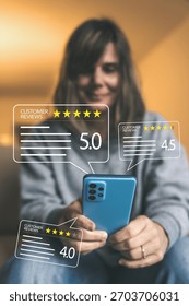 Satisfied Customer Looking at Multiple Digital Review Widgets with High Ratings for Product or Service Evaluation and Feedback