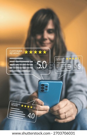 Satisfied Customer Looking at Multiple Digital Review Widgets with High Ratings for Product or Service Evaluation and Feedback