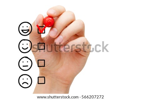 Satisfied customer putting red check mark on blank awesome quality service survey checklist next to drawn happy face. 