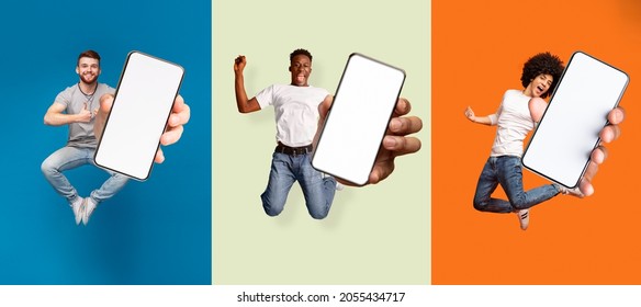 Satisfied Happy Excited Diverse People Jumping, Have Fun And Show Smartphone With Blank Screen, Isolated On Colored Background, Panorama. Modern Device, New App, Great Sale, Offer And Website, Collage