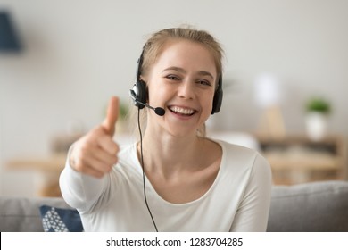 Satisfied Happy Girl Wearing Headset With Microphone Showing Thumbs Up Giving Recommendation, Friendly Woman Student Like Customer Support, Consultant Call Service Operator Looking At Camera Portrait