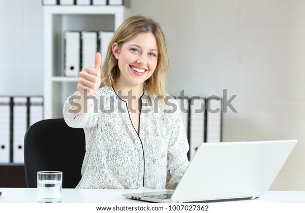 Satisfied Office Employee Looking Camera Thumbs Stock Photo Edit Now